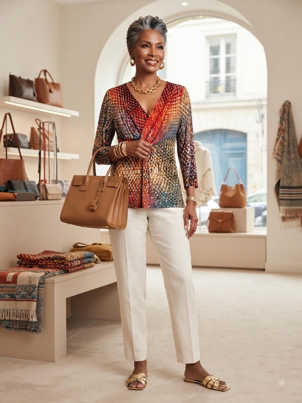 Escada Abstract Multi-Color V-Neck Wrap Front Tunic Top Size M